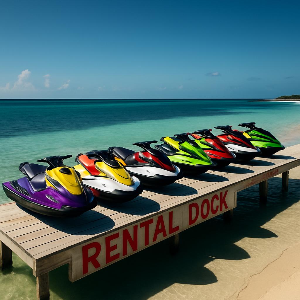 Rentals dock with jet ski rentals in water.